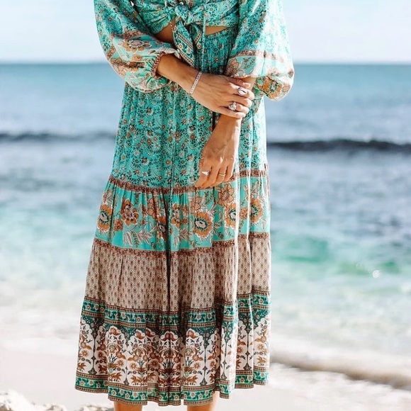Dresses & Skirts - SOLD OUT Turquoise Bohemian Floral Long Casual Skirt